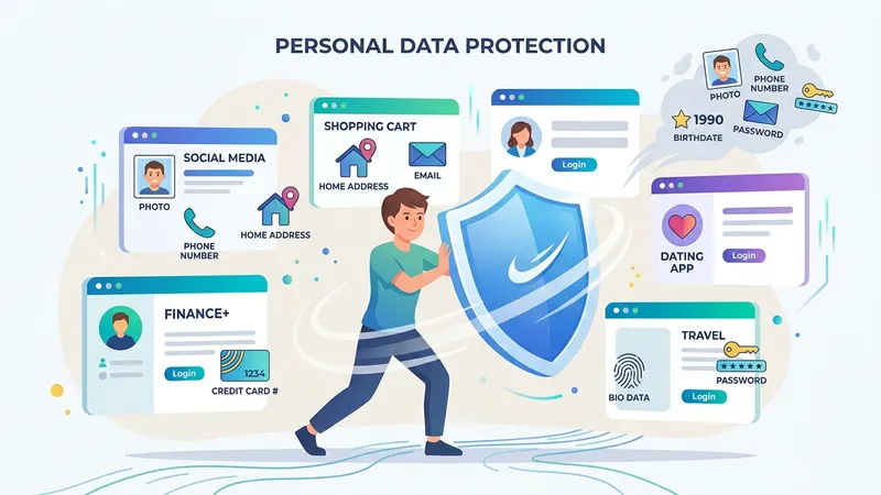 A person's digital identity scattered across data broker websites being collected and deleted by a protective shield